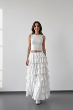 Load image into Gallery viewer, Ruffle Layered Maxi Skirt with model's face visible
