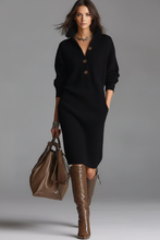 Load image into Gallery viewer, White model in black sweater dress with face visible
