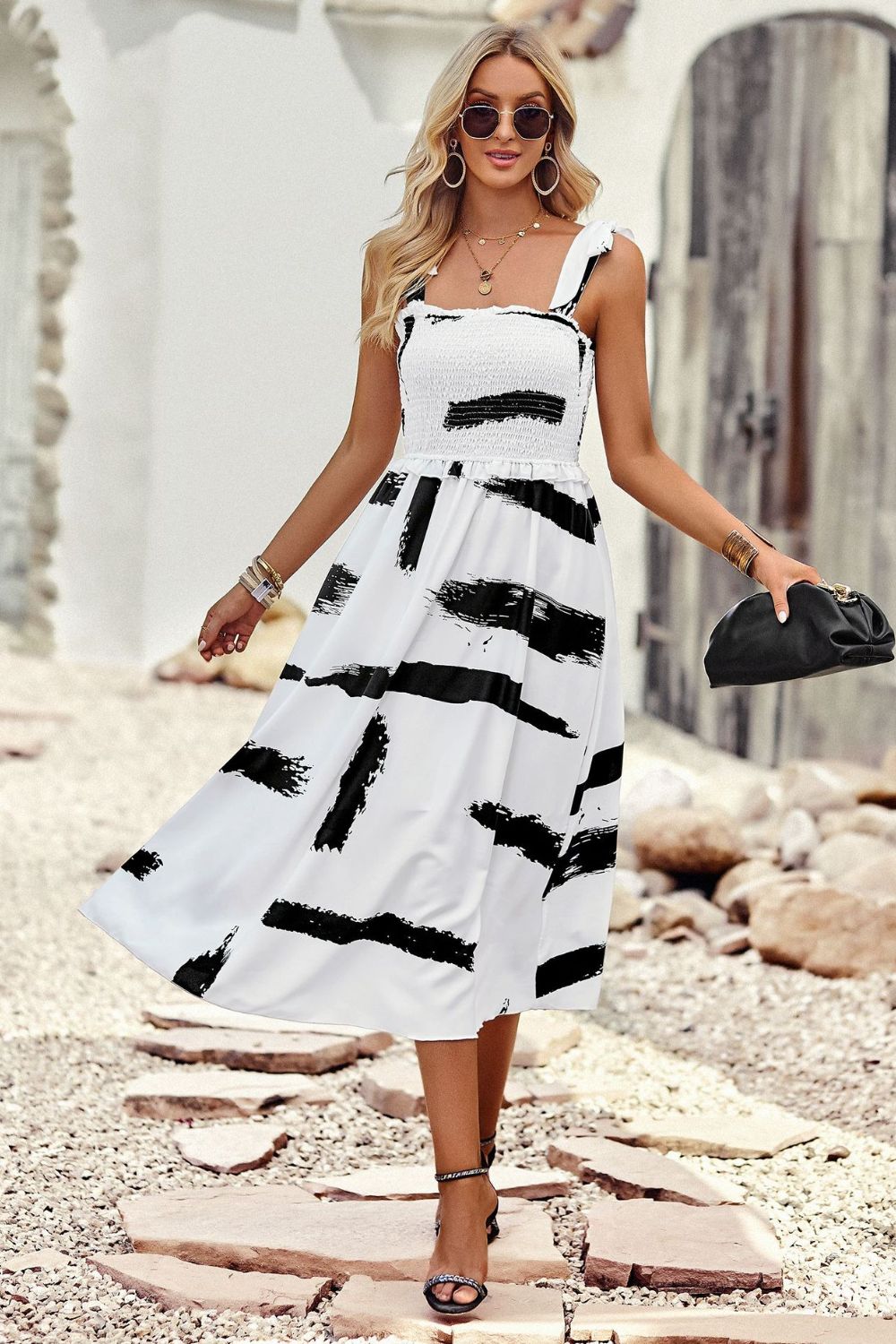 Printed Smocked Tie Shoulder Dress