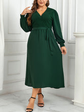 Load image into Gallery viewer, Plus Size Surplice Neck Tie Waist Long Sleeve Midi Dress
