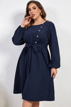 Load image into Gallery viewer, Melo Apparel Plus Size Buttoned Tie Belt Round Neck Long Sleeve Dress
