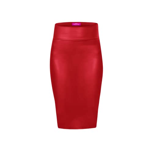 OrlyCollection Women's Elegant Slim Fit Midi Stretchy Pencil Skirt for Office Wear Proudly Made in USA (2X, Red Faux Leather)