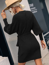 Load image into Gallery viewer, Belted Surplice Lantern Sleeve Wrap Sweater Dress
