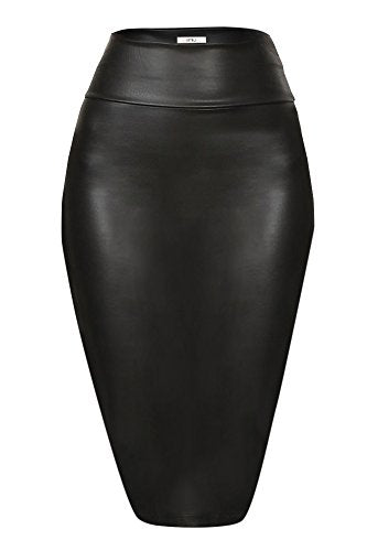 Black Leather Skirt for Women Below Knee Length Faux Leather Skirt Midi Bodycon Pencil Skirth Skirt Midi Bodycon Skirt Womens (Size XX-Large, Black Leather)