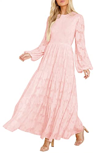 MITILLY Women's Elegant Floral Long Sleeve Round Neck Smocked A-Line Flowy Tiered Maxi Dress with Pockets Small Pink