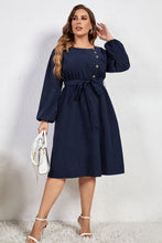 Load image into Gallery viewer, Melo Apparel Plus Size Buttoned Tie Belt Round Neck Long Sleeve Dress
