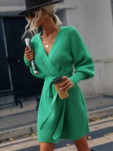 Load image into Gallery viewer, Belted Surplice Lantern Sleeve Wrap Sweater Dress
