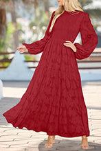 Load image into Gallery viewer, MITILLY Women&#39;s Elegant Floral Long Sleeve Round Neck Smocked A-Line Flowy Tiered Maxi Dress with Pockets Small Red
