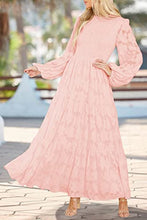 Load image into Gallery viewer, MITILLY Women&#39;s Elegant Floral Long Sleeve Round Neck Smocked A-Line Flowy Tiered Maxi Dress with Pockets Small Pink
