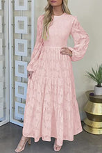 Load image into Gallery viewer, MITILLY Women&#39;s Elegant Floral Long Sleeve Round Neck Smocked A-Line Flowy Tiered Maxi Dress with Pockets Small Pink

