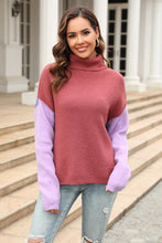 Load image into Gallery viewer, Double Take Color Block Turtleneck Slit Sweater
