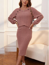 Load image into Gallery viewer, Ribbed Buttoned Round Neck Top and Skirt Set
