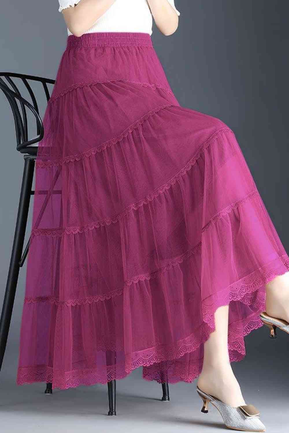 Smocked Lace Trim Midi Skirt