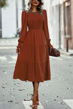 Load image into Gallery viewer, Smocked Long Puff Sleeve Tiered Midi Dress
