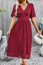 Load image into Gallery viewer, V-Neck Puff Sleeve Lace Midi Dress
