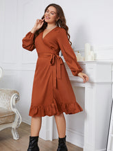 Load image into Gallery viewer, Plus Size Surplice Neck Tie Waist Dress
