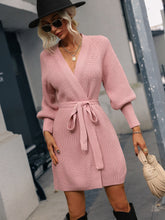 Load image into Gallery viewer, Belted Surplice Lantern Sleeve Wrap Sweater Dress
