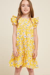 Cassie Yellow Ruffle Sleeve Swing Dress