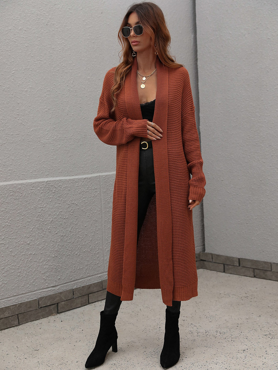 Double Take Waffle  Duster Cardigan