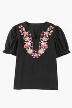Load image into Gallery viewer, Embroidered Notched Neck Flounce Sleeve Top
