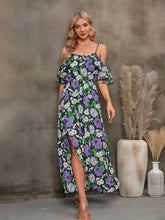 Load image into Gallery viewer, Floral Spaghetti Strap Cold-Shoulder Slit Maxi Dress
