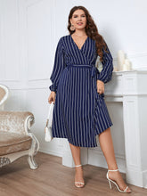 Load image into Gallery viewer, Melo Apparel Plus Size Striped Surplice Neck Long Sleeve Dress
