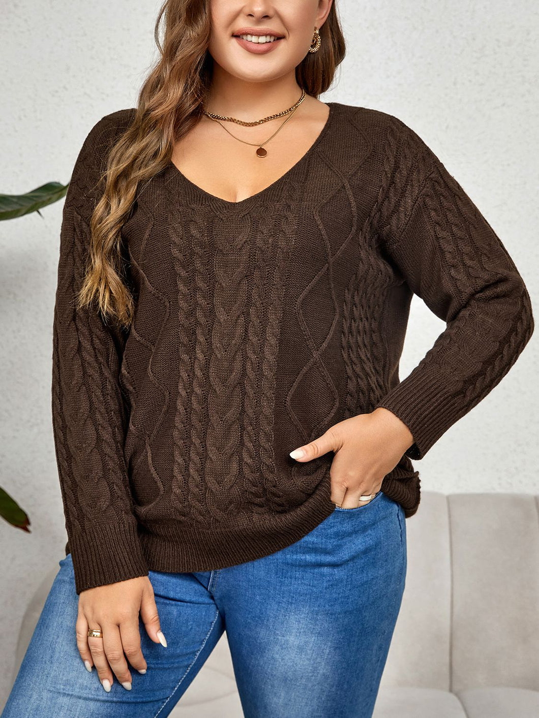 Pluto V-Neck Cable-Knit Long Sleeve Sweater
