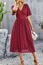 Load image into Gallery viewer, V-Neck Puff Sleeve Lace Midi Dress
